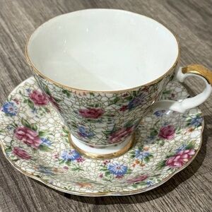 Vintage Japanese Lefton China Porcelain Cup & Saucer w/ Floral Gold Decoration